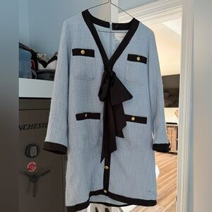 Light Blue Tweed Bow-Front Coatigan with Black Trim